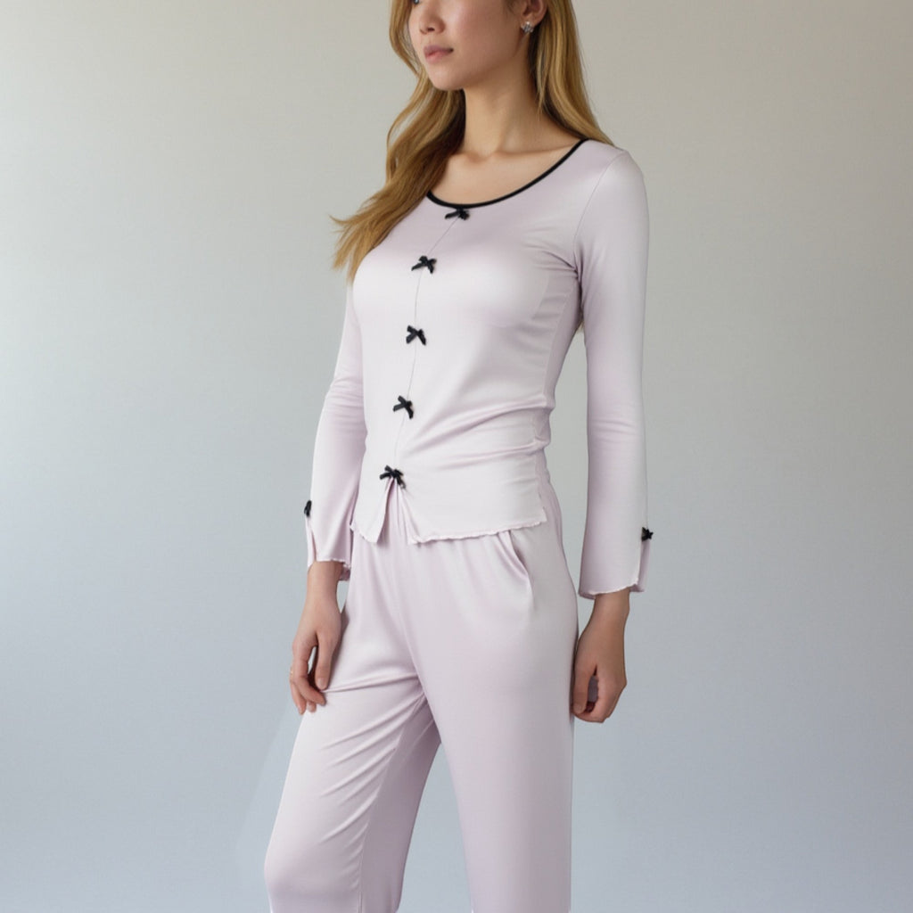 Anna-Kaci Lounge Women's Long Sleeve Pajama Set with Decorative Bows and Soft Wide Leg Pants
