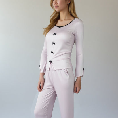Anna-Kaci Lounge Women's Long Sleeve Pajama Set with Decorative Bows and Soft Wide Leg Pants