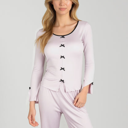 Anna-Kaci Lounge Women's Long Sleeve Pajama Set with Decorative Bows and Soft Wide Leg Pants