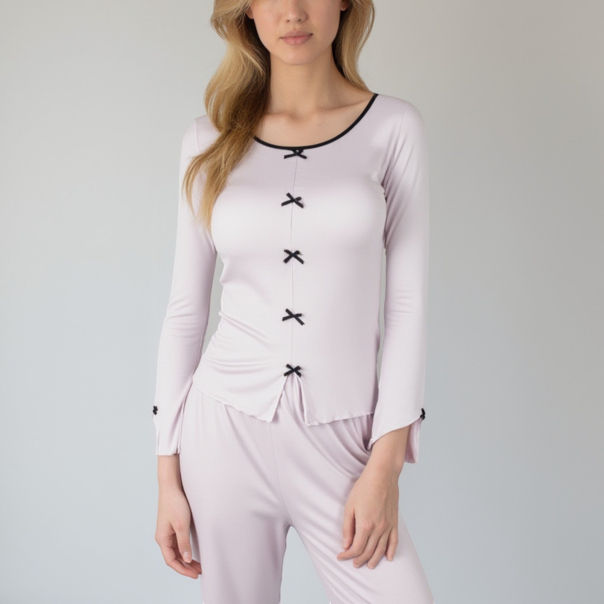 Anna-Kaci Lounge Women's Long Sleeve Pajama Set with Decorative Bows and Soft Wide Leg Pants