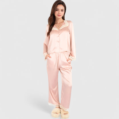 Anna-Kaci Lounge Women's Satin Pajama Set with Lace Trim and Button-Up Long Sleeve Top