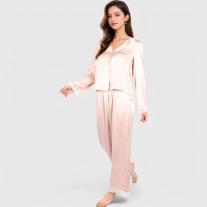 Anna-Kaci Lounge Women's Satin Pajama Set with Lace Trim and Button-Up Long Sleeve Top