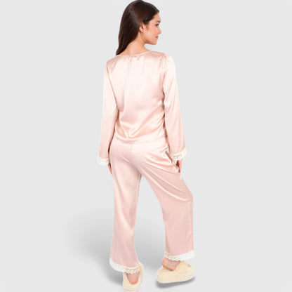 Anna-Kaci Lounge Women's Satin Pajama Set with Lace Trim and Button-Up Long Sleeve Top