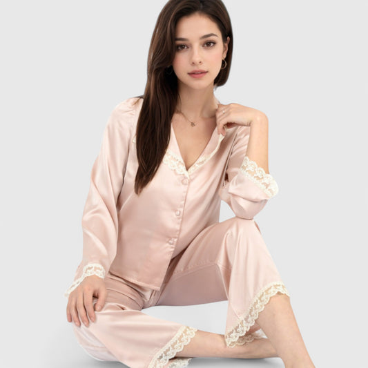 Anna-Kaci Lounge Women's Satin Pajama Set with Lace Trim and Button-Up Long Sleeve Top