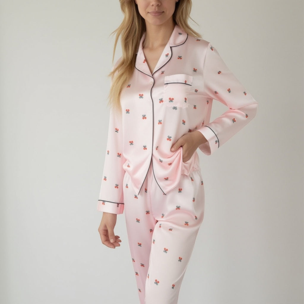 Anna-Kaci Lounge Women's Satin Long Sleeve Pajama Set with Mini Bow Print Button-Up Top and Chest Pocket