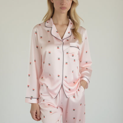 Anna-Kaci Lounge Women's Satin Long Sleeve Pajama Set with Mini Bow Print Button-Up Top and Chest Pocket