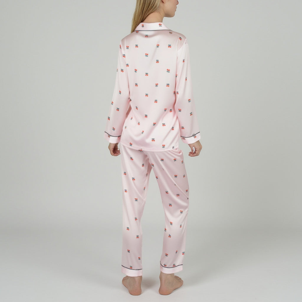 Anna-Kaci Lounge Women's Satin Long Sleeve Pajama Set with Mini Bow Print Button-Up Top and Chest Pocket