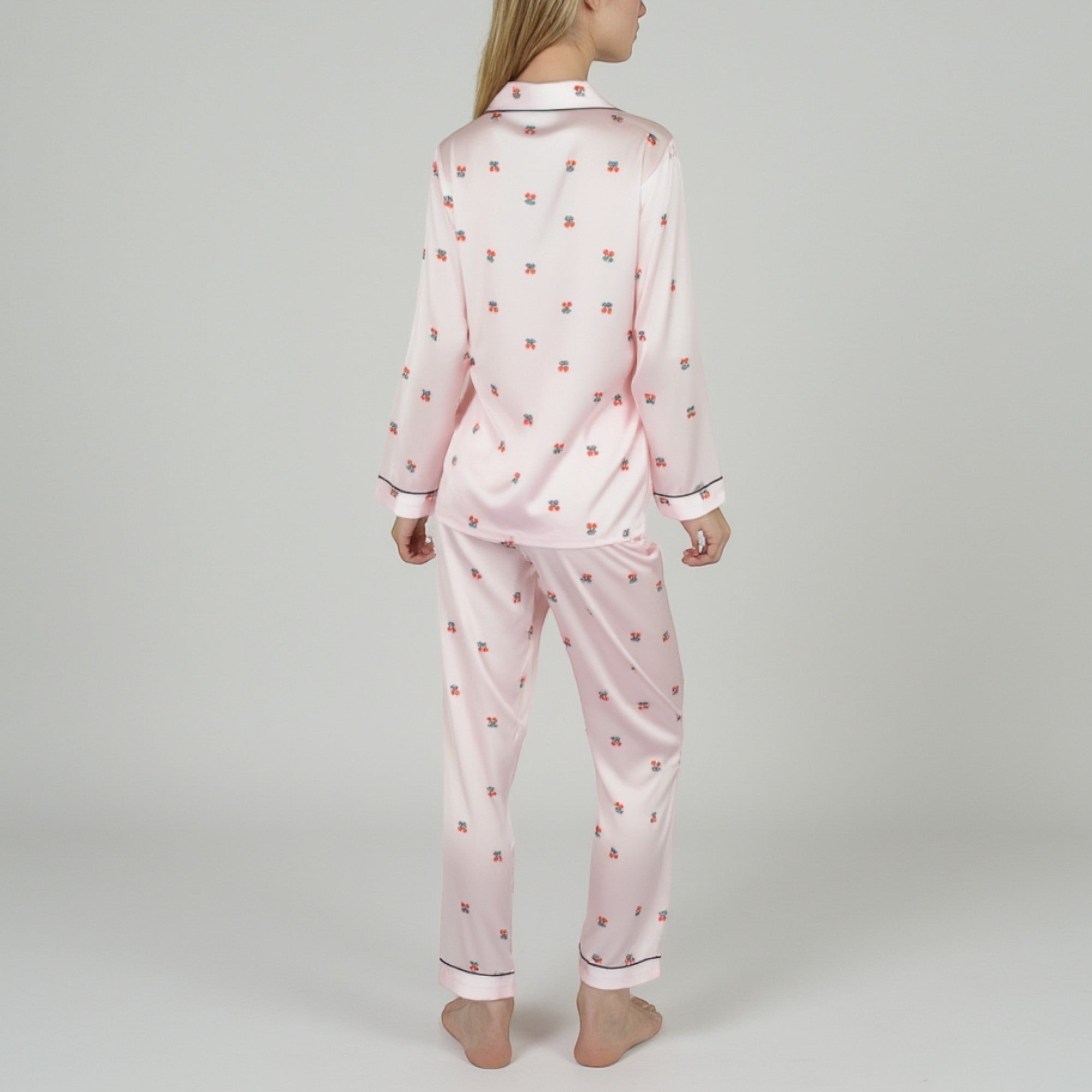 Anna-Kaci Lounge Women's Satin Long Sleeve Pajama Set with Mini Bow Print Button-Up Top and Chest Pocket