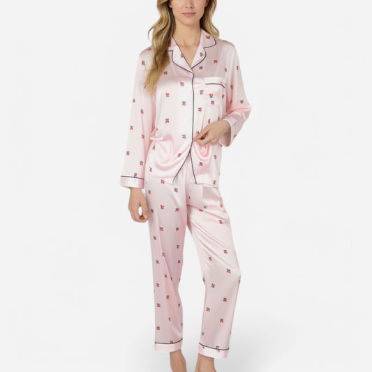 Anna-Kaci Lounge Women's Satin Long Sleeve Pajama Set with Mini Bow Print Button-Up Top and Chest Pocket