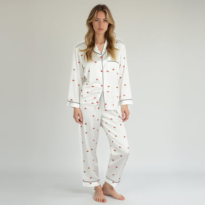 Anna-Kaci Lounge Women's Satin Long Sleeve Pajama Set with Mini Bow Print Button-Up Top and Chest Pocket