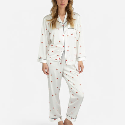 Anna-Kaci Lounge Women's Satin Long Sleeve Pajama Set with Mini Bow Print Button-Up Top and Chest Pocket