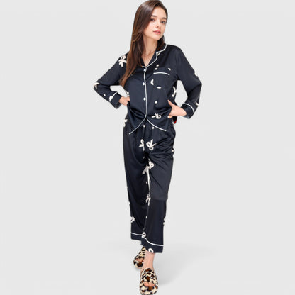 Anna-Kaci Lounge Women's Printed Satin Pajama Set with Button-Up Long Sleeve Top and Piping Detail