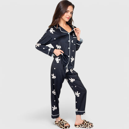 Anna-Kaci Lounge Women's Printed Satin Pajama Set with Button-Up Long Sleeve Top and Piping Detail