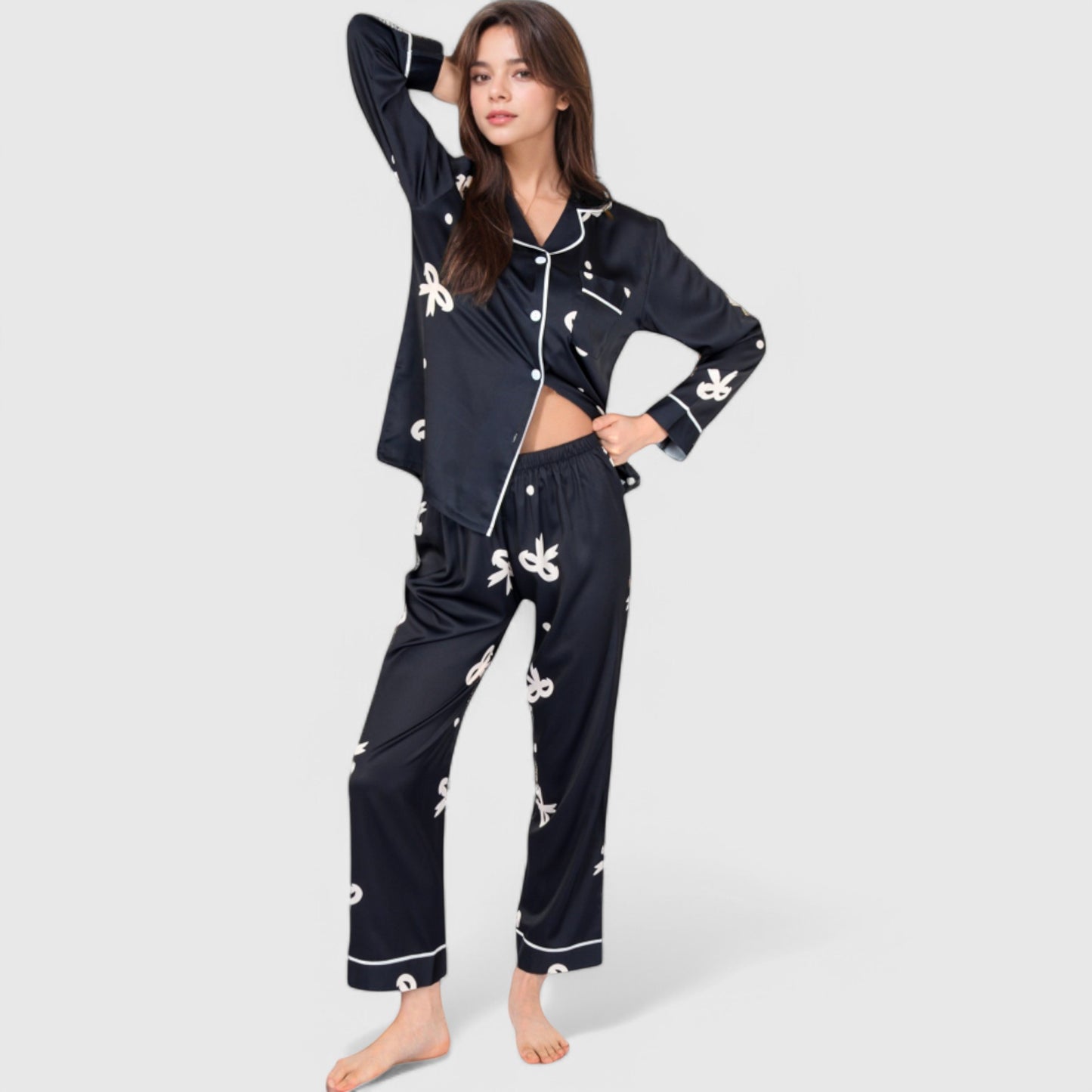Anna-Kaci Lounge Women's Printed Satin Pajama Set with Button-Up Long Sleeve Top and Piping Detail