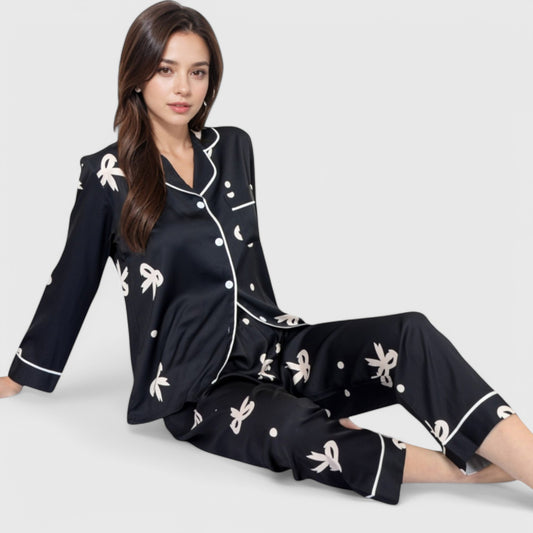 Anna-Kaci Lounge Women's Printed Satin Pajama Set with Button-Up Long Sleeve Top and Piping Detail