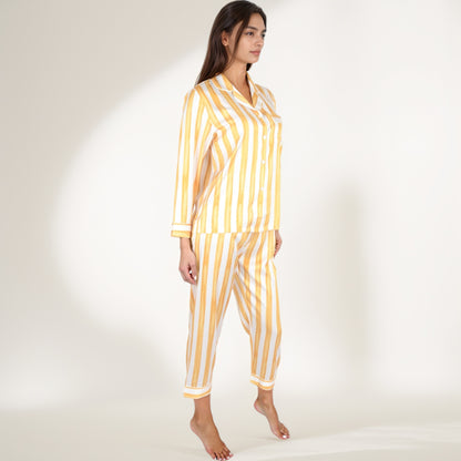 Anna-Kaci Lounge Women's Striped Satin Pajama Set with Long Sleeve Button Top and Cropped Pants