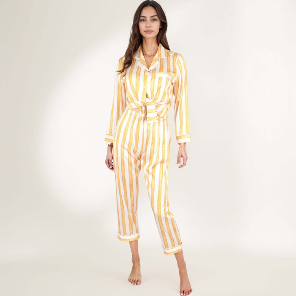 Anna-Kaci Lounge Women's Striped Satin Pajama Set with Long Sleeve Button Top and Cropped Pants