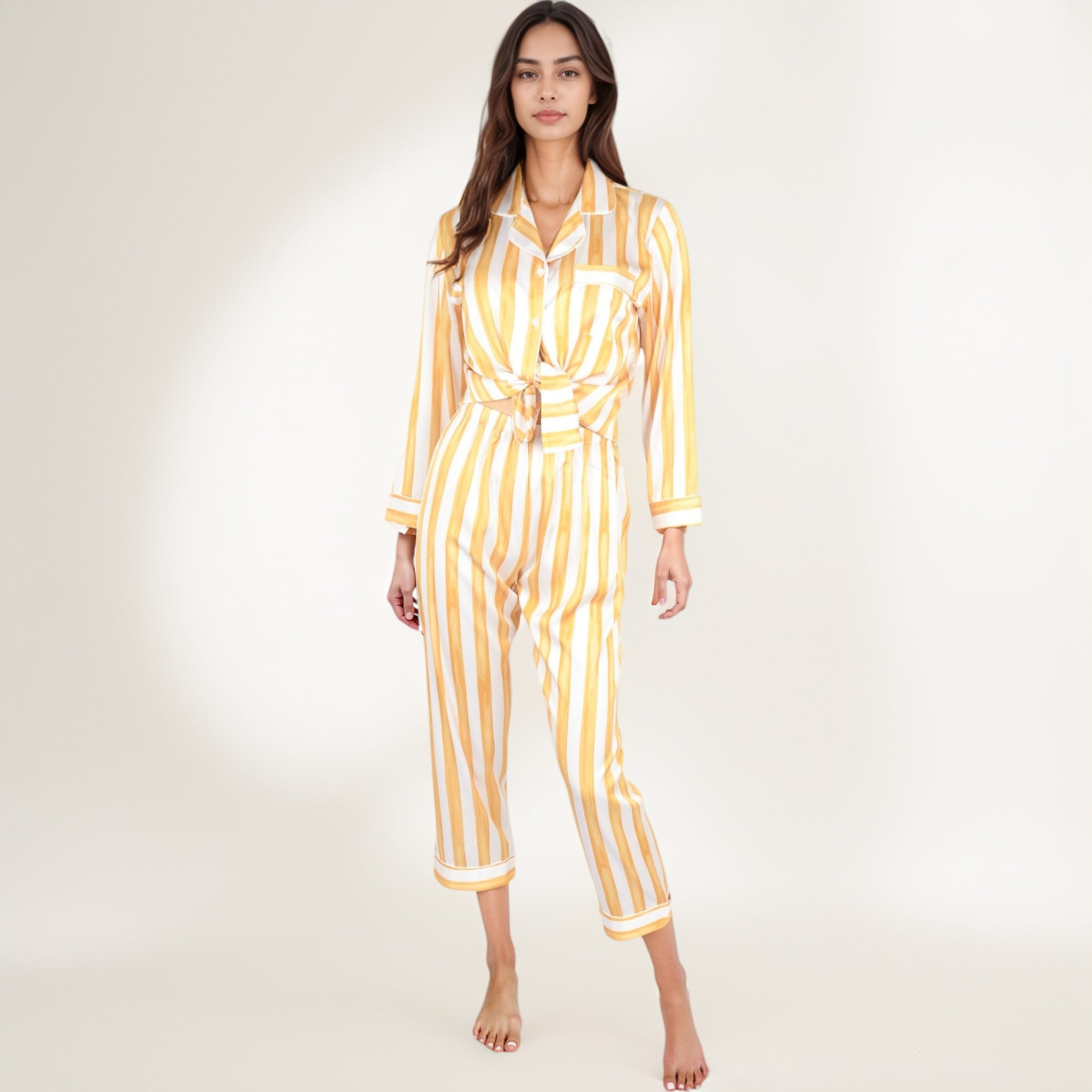Anna-Kaci Lounge Women's Striped Satin Pajama Set with Long Sleeve Button Top and Cropped Pants