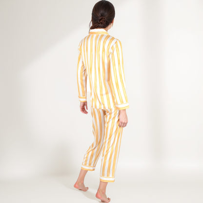 Anna-Kaci Lounge Women's Striped Satin Pajama Set with Long Sleeve Button Top and Cropped Pants