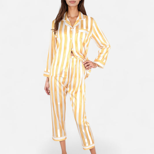 Anna-Kaci Lounge Women's Striped Satin Pajama Set with Long Sleeve Button Top and Cropped Pants