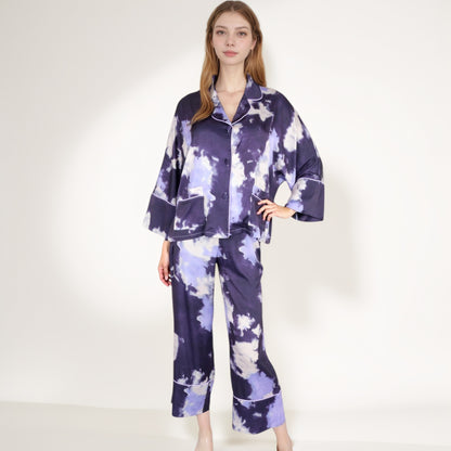 Anna-Kaci Lounge Women's Satin Pajama Set with Cloud Print Long Sleeve Button Top and Wide Leg Pants
