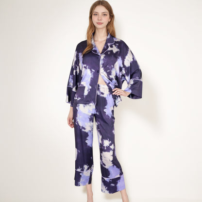 Anna-Kaci Lounge Women's Satin Pajama Set with Cloud Print Long Sleeve Button Top and Wide Leg Pants