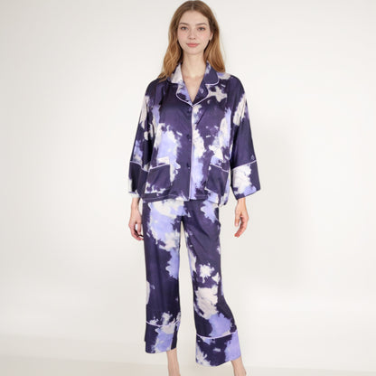 Anna-Kaci Lounge Women's Satin Pajama Set with Cloud Print Long Sleeve Button Top and Wide Leg Pants