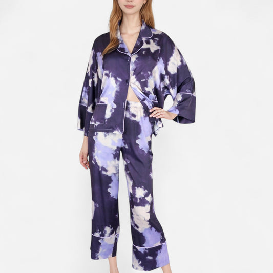 Anna-Kaci Lounge Women's Satin Pajama Set with Cloud Print Long Sleeve Button Top and Wide Leg Pants