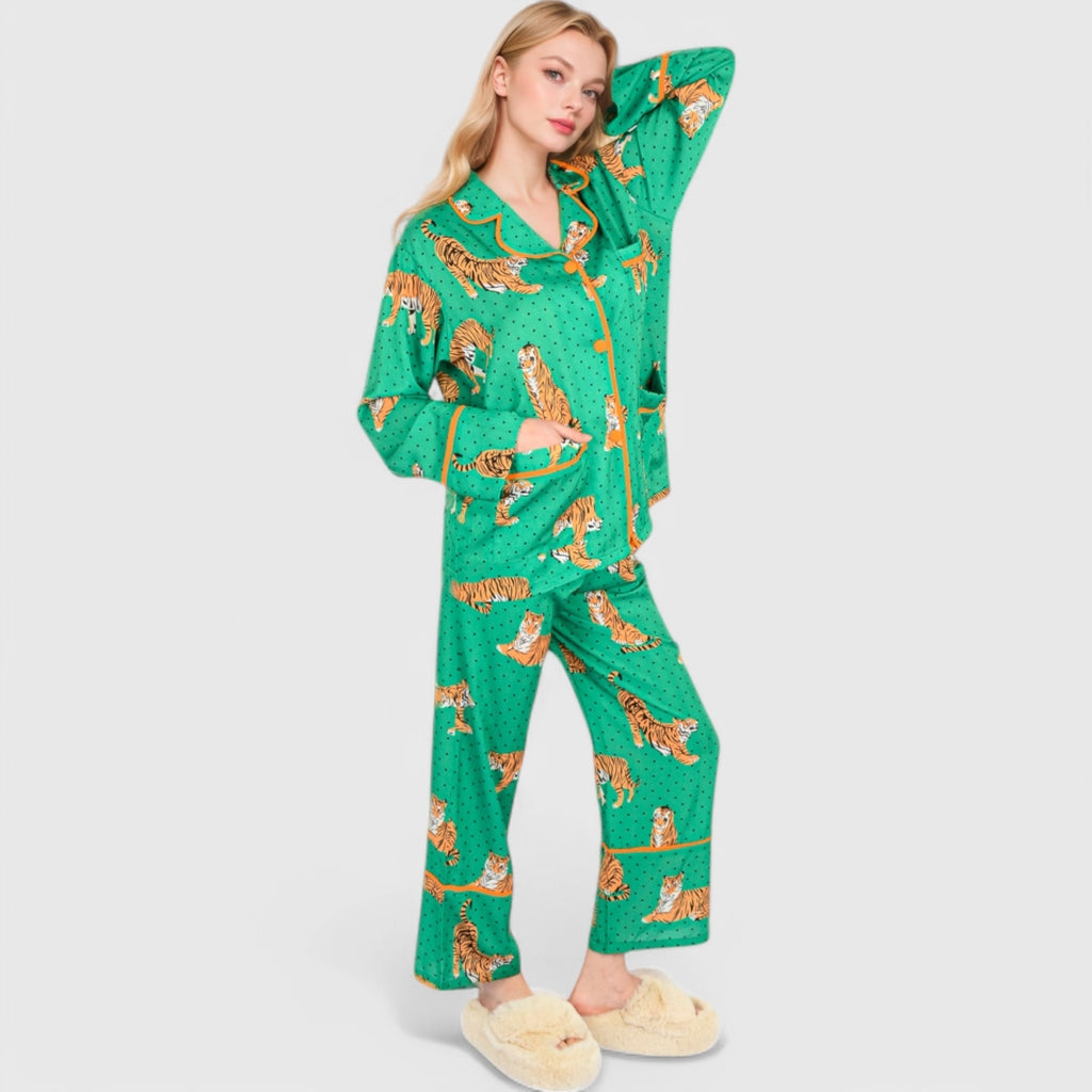 Anna-Kaci Lounge Women's Printed Satin Pajama Set with Long Sleeve Button-Up Top and Contrast Piping
