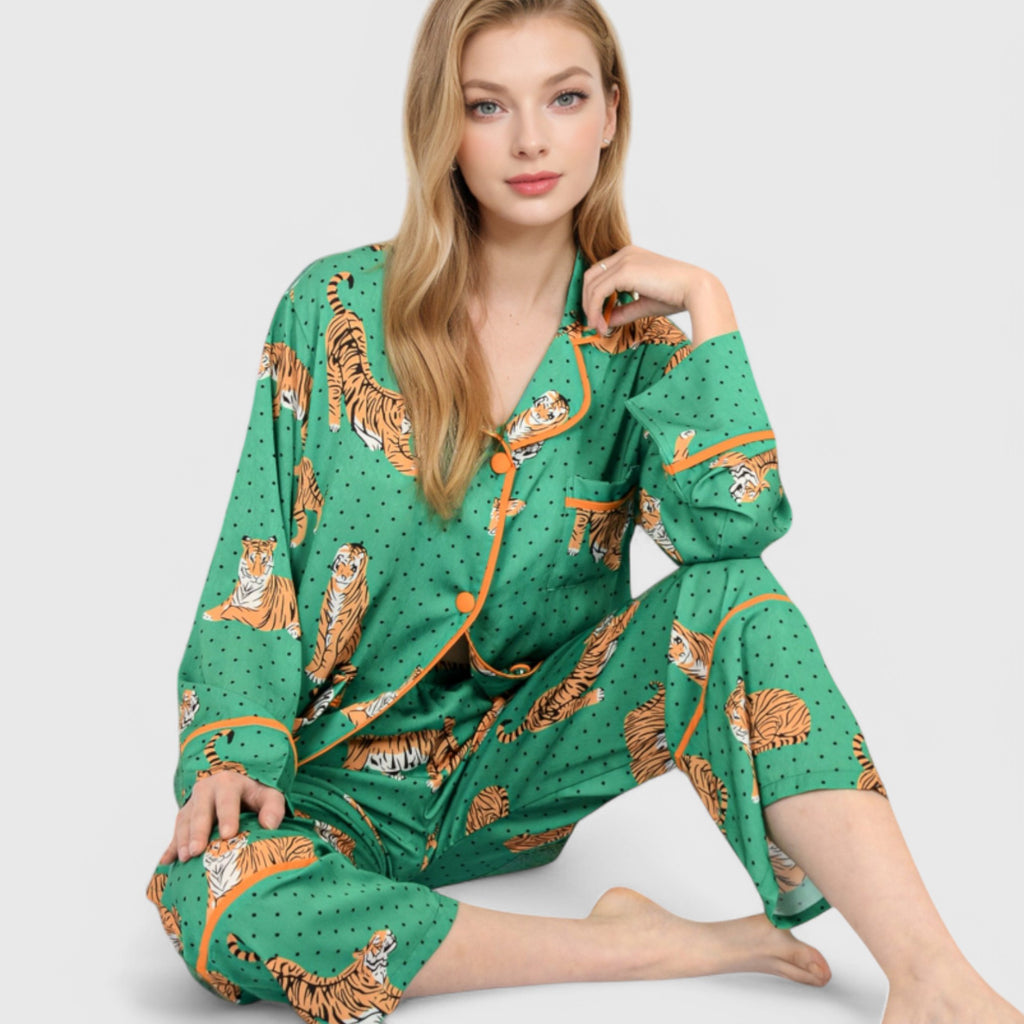 Anna-Kaci Lounge Women's Printed Satin Pajama Set with Long Sleeve Button-Up Top and Contrast Piping