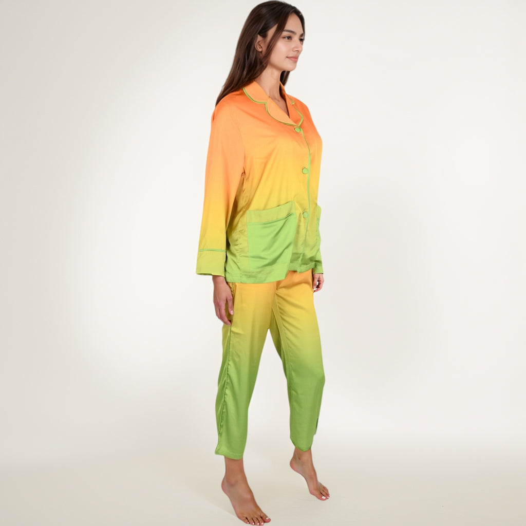 Anna-Kaci Lounge Women's Satin Pajama Set with Ombre Gradient Color Block Button Top and Wide Leg Pants
