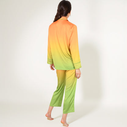 Anna-Kaci Lounge Women's Satin Pajama Set with Ombre Gradient Color Block Button Top and Wide Leg Pants