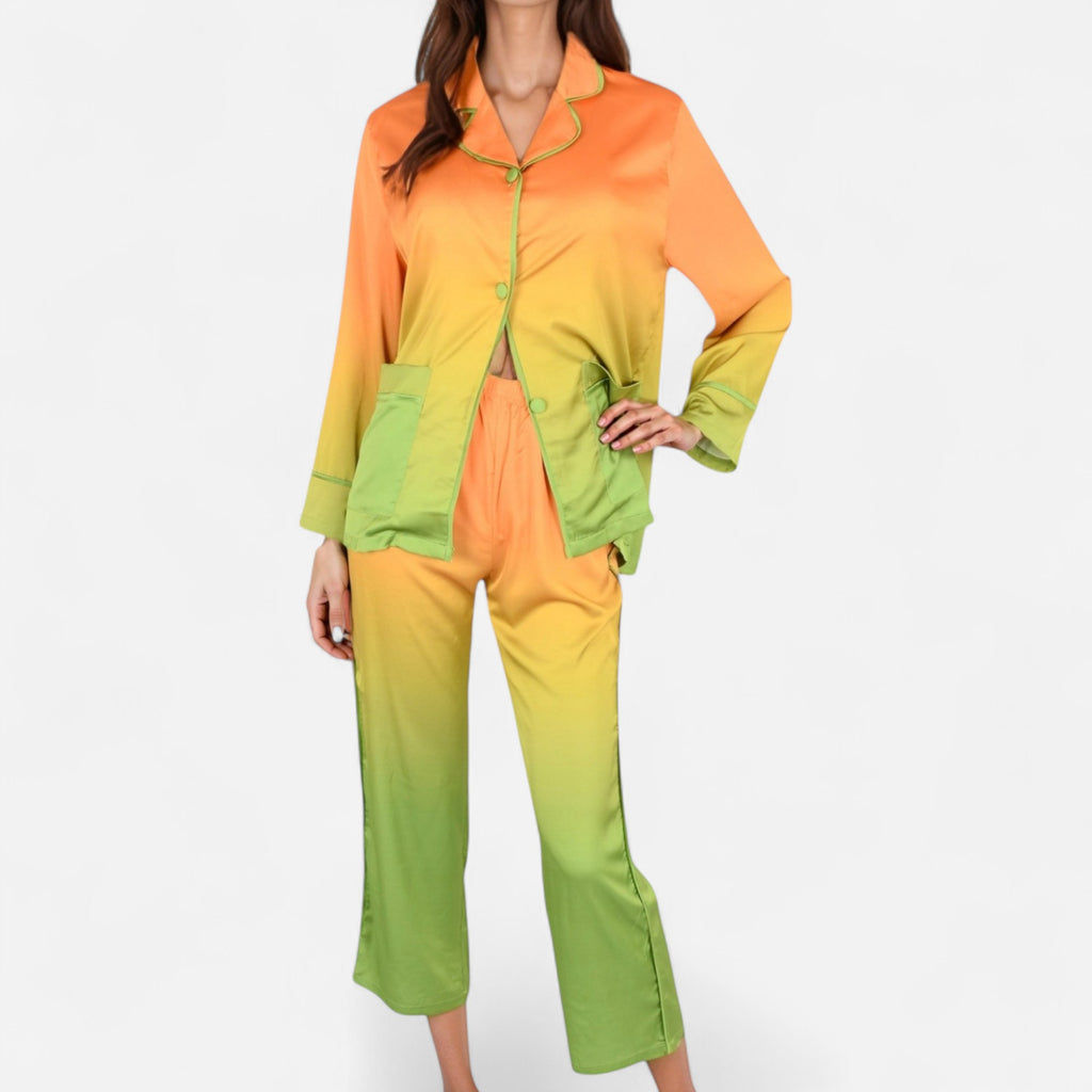 Anna-Kaci Lounge Women's Satin Pajama Set with Ombre Gradient Color Block Button Top and Wide Leg Pants