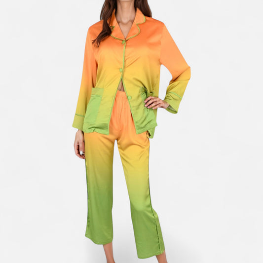 Anna-Kaci Lounge Women's Satin Pajama Set with Ombre Gradient Color Block Button Top and Wide Leg Pants