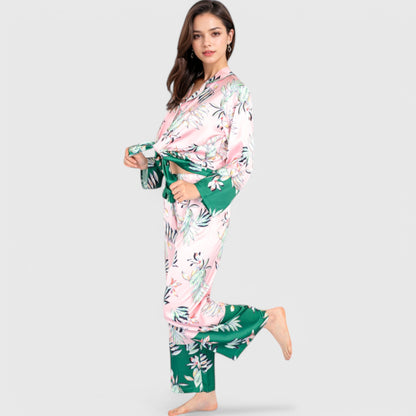 Anna-Kaci Lounge Women's Floral Satin Pajama Set with Button-Up Long Sleeve Top and Matching Pants