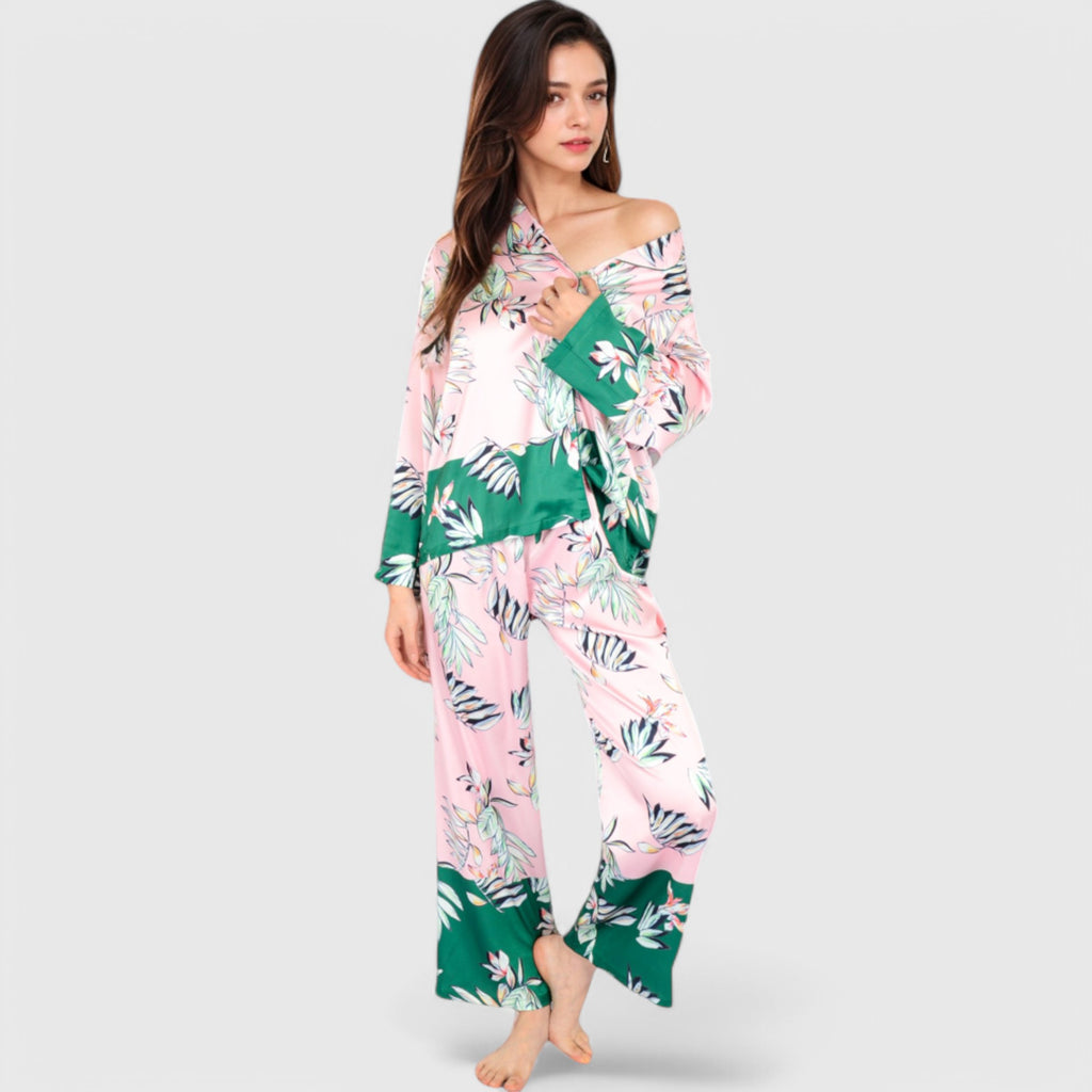 Anna-Kaci Lounge Women's Floral Satin Pajama Set with Button-Up Long Sleeve Top and Matching Pants