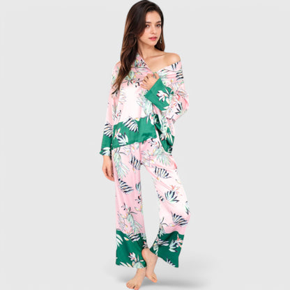 Anna-Kaci Lounge Women's Floral Satin Pajama Set with Button-Up Long Sleeve Top and Matching Pants