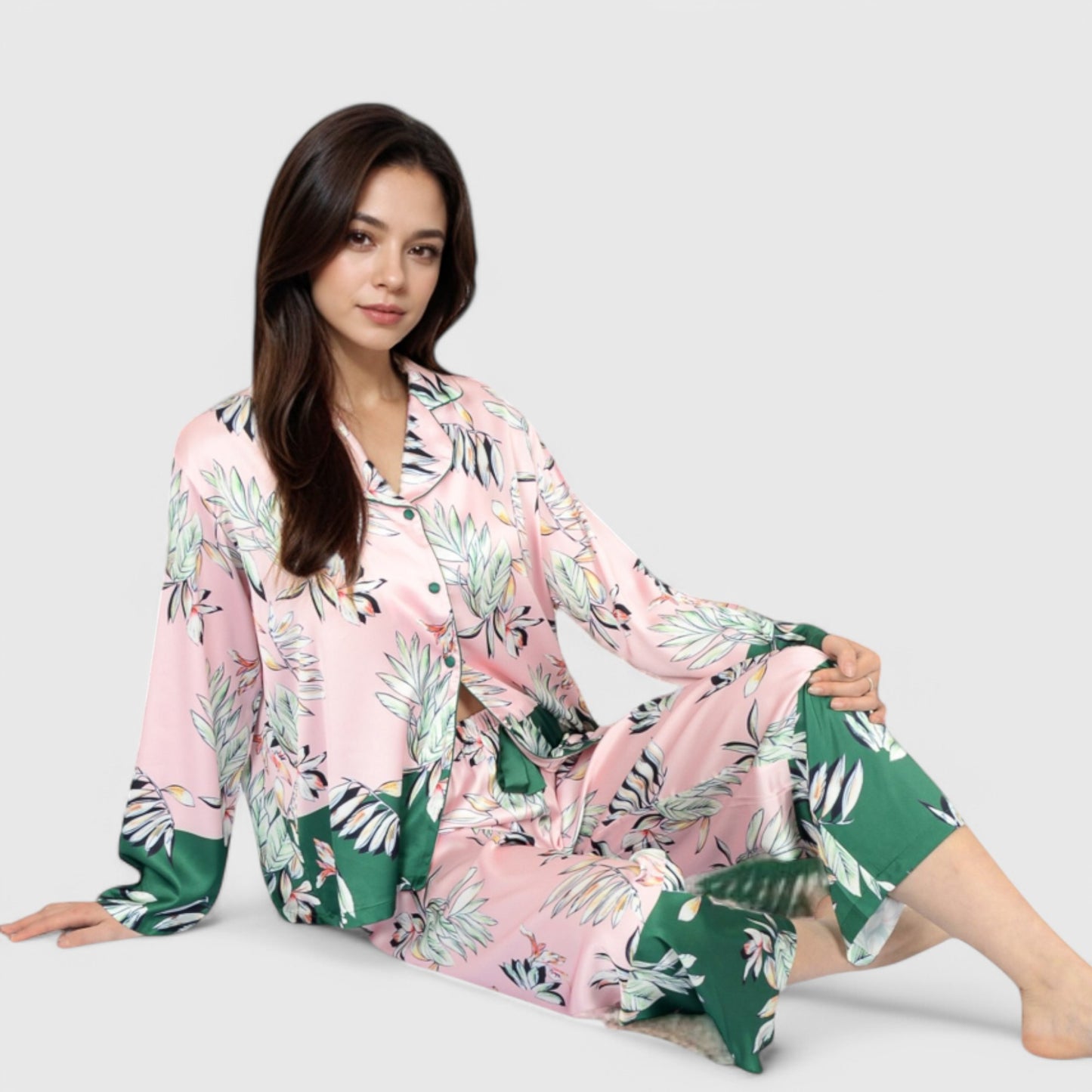 Anna-Kaci Lounge Women's Floral Satin Pajama Set with Button-Up Long Sleeve Top and Matching Pants