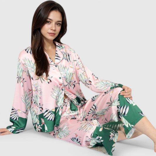 Anna-Kaci Lounge Women's Floral Satin Pajama Set with Button-Up Long Sleeve Top and Matching Pants