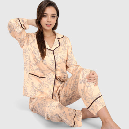 Anna-Kaci Lounge Women's Satin Pajama Set with Baroque Print Button-Up Top and Matching Pants