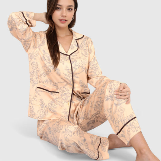 Anna-Kaci Lounge Women's Satin Pajama Set with Baroque Print Button-Up Top and Matching Pants