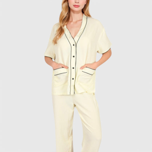Anna-Kaci Lounge Women's Short Sleeve Button-Up Pajama Set with Contrast Piping and Front Pockets