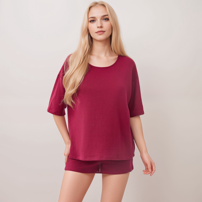 Anna-Kaci Lounge Women's Waffle Knit Short Sleeve Lounge Top and Shorts Set with Relaxed Fit