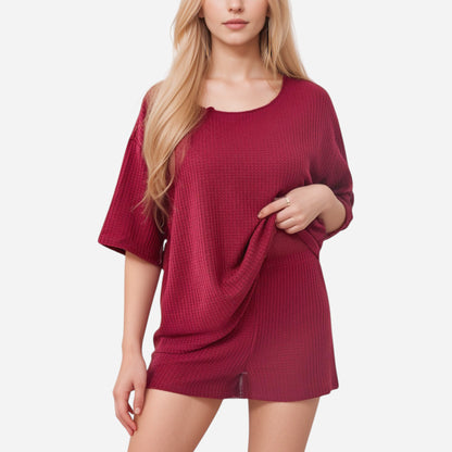 Anna-Kaci Lounge Women's Waffle Knit Short Sleeve Lounge Top and Shorts Set with Relaxed Fit