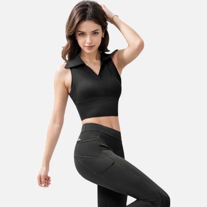 Anna-Kaci Women's Sleeveless Collared Crop Top with V-Neckline