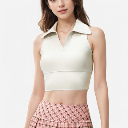 Anna-Kaci Women's Sleeveless Collared Crop Top with V-Neckline
