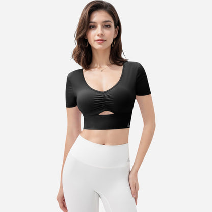 Anna-Kaci Women's Ruched Cutout Crop Top with Short Sleeves