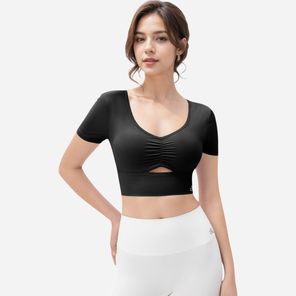 Anna-Kaci Women's Ruched Cutout Crop Top with Short Sleeves