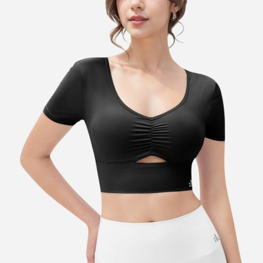 Anna-Kaci Women's Ruched Cutout Crop Top with Short Sleeves