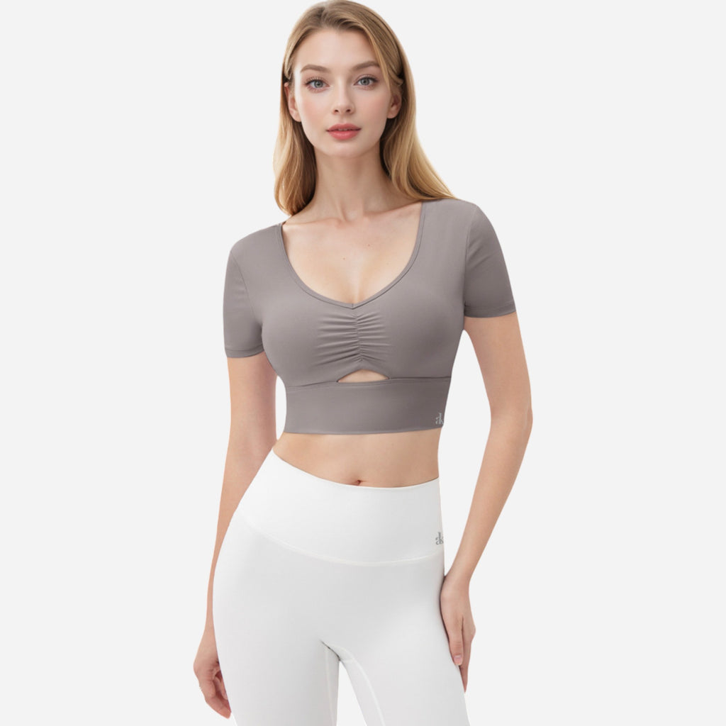 Anna-Kaci Women's Ruched Cutout Crop Top with Short Sleeves
